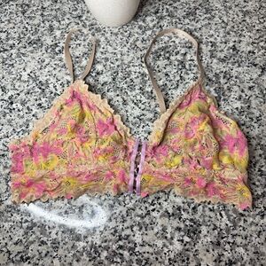 Aerie Smoothez lace bralette in a multicolor pattern of pink, yellow, and tan
